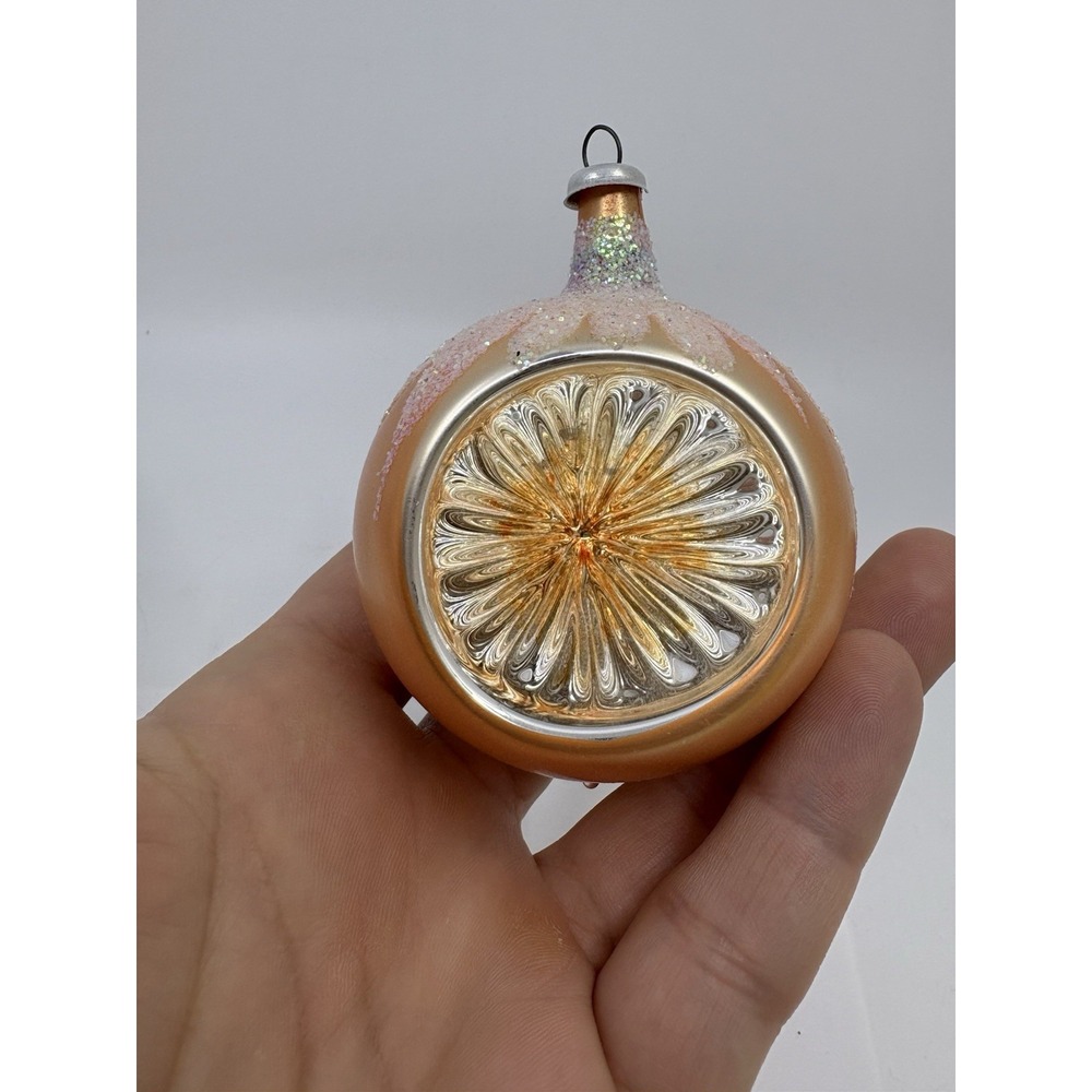 Vintage Christmas Tree Ornament Mercury Blown Glass Peach Bauble Snow - Picture 2 of 7
